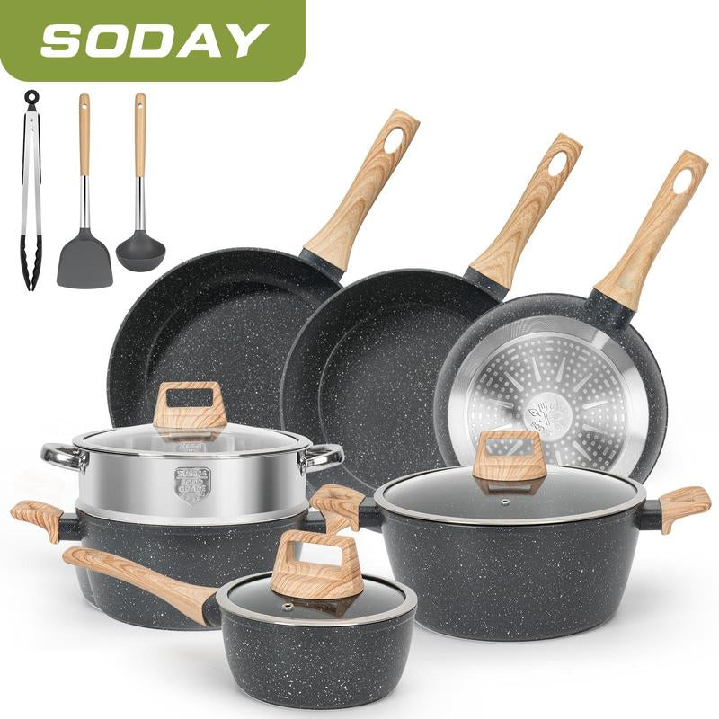 SODAY 17-Piece Non-Stick Granite Cookware Set - Induction Ready Pots, Pans & Steamer for Effortless Cooking