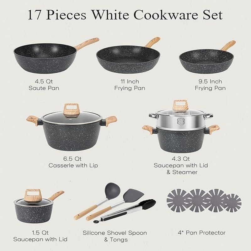 SODAY 17-Piece Non-Stick Granite Cookware Set - Induction Ready Pots, Pans & Steamer for Effortless Cooking