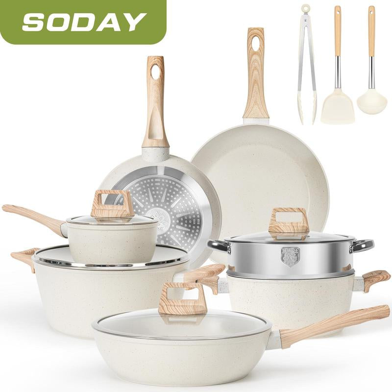 SODAY 17-Piece Non-Stick Granite Cookware Set - Induction Ready Pots, Pans & Steamer for Effortless Cooking