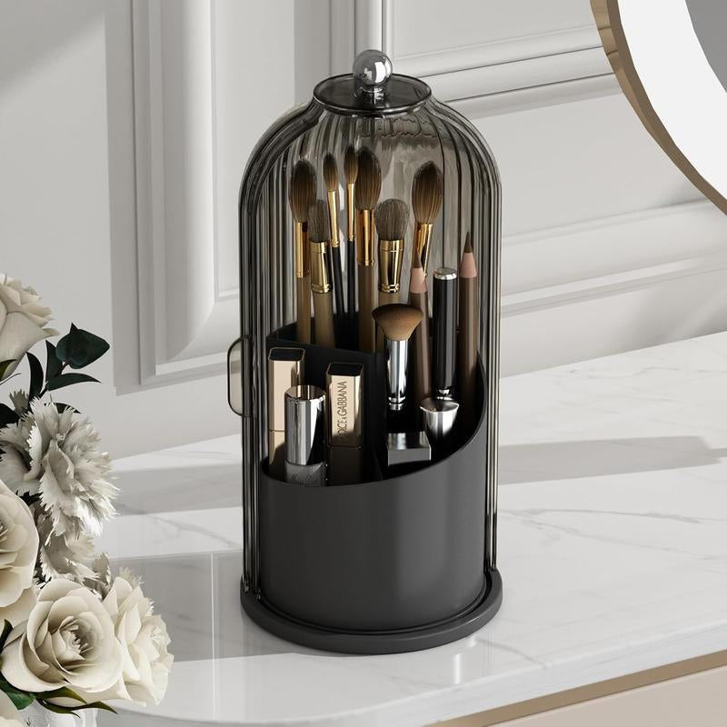 Gaxmi 360° Rotating Makeup Brush Holder with Lid - Waterproof & Dustproof Organizer for Vanity - Stylish Black-Grey Design