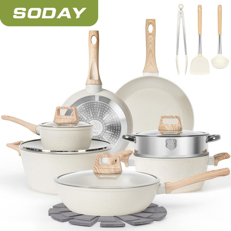 SODAY 17-Piece Non-Stick Granite Cookware Set - Induction Ready Pots, Pans & Steamer for Effortless Cooking