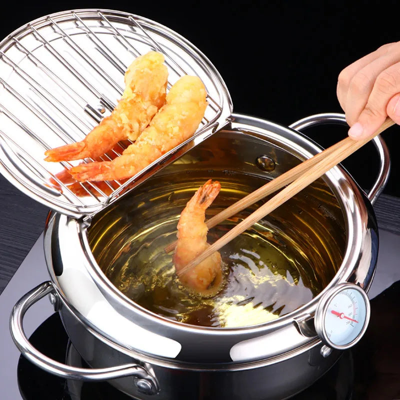 Elevate Your Cooking with the Japanese Deep Frying Pot - 304 Stainless Steel Tempura Fryer with Thermometer and Lid (20/24 cm) KC0405