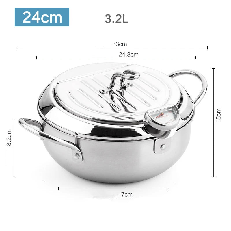 Elevate Your Cooking with the Japanese Deep Frying Pot - 304 Stainless Steel Tempura Fryer with Thermometer and Lid (20/24 cm) KC0405