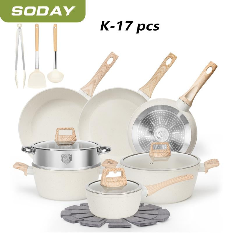 SODAY 17-Piece Non-Stick Granite Cookware Set - Induction Ready Pots, Pans & Steamer for Effortless Cooking