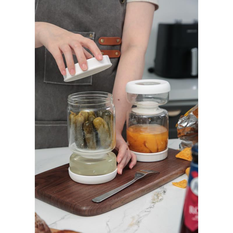 Genicook Flip-Over Dual-Part Glass Pickle Jar - Mess-Free Serving & Food Preservation in Hand Blown Glass