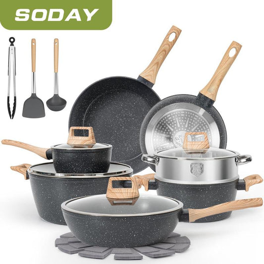 SODAY 17-Piece Non-Stick Granite Cookware Set - Induction Ready Pots, Pans & Steamer for Effortless Cooking