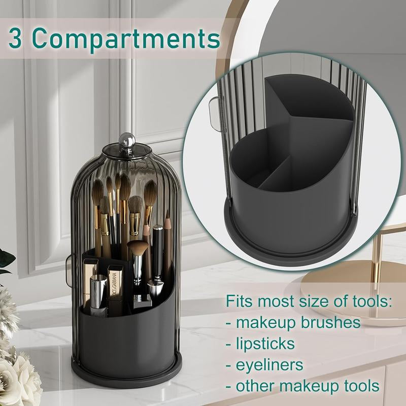 Gaxmi 360° Rotating Makeup Brush Holder with Lid - Waterproof & Dustproof Organizer for Vanity - Stylish Black-Grey Design