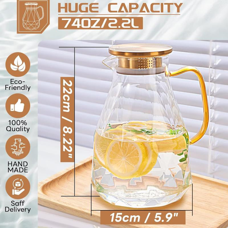 Elegant 74Oz Glass Pitcher with Lid - Perfect for Iced Tea and Beverages, Heat Resistant Borosilicate Drinkware